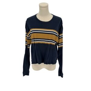 Justify Long Sleeve Striped Crew Neck Blue Mustard White Top (Size XL)